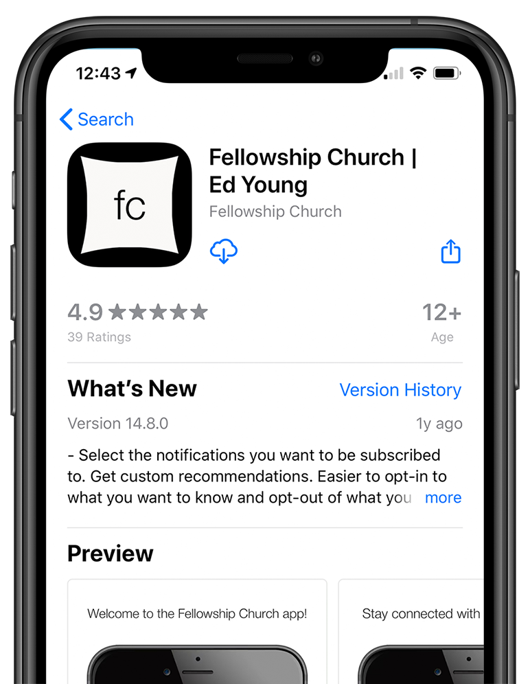 Phone showing how to download the fellowship church app on the apple app store